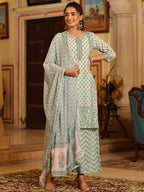 Juniper Women's Seagreen Cambric Floral Printed Kurta Palazzo Set | Grocsy