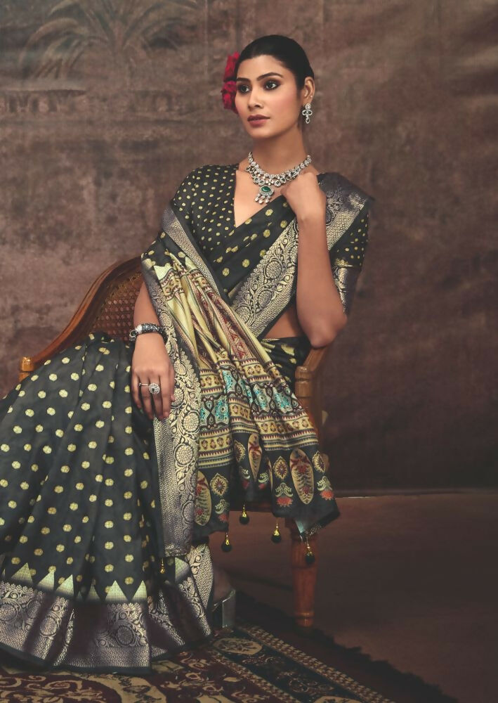 Joban Fashion Grey Dola Tussar Silk Self Jacquard Border Saree | Grocsy