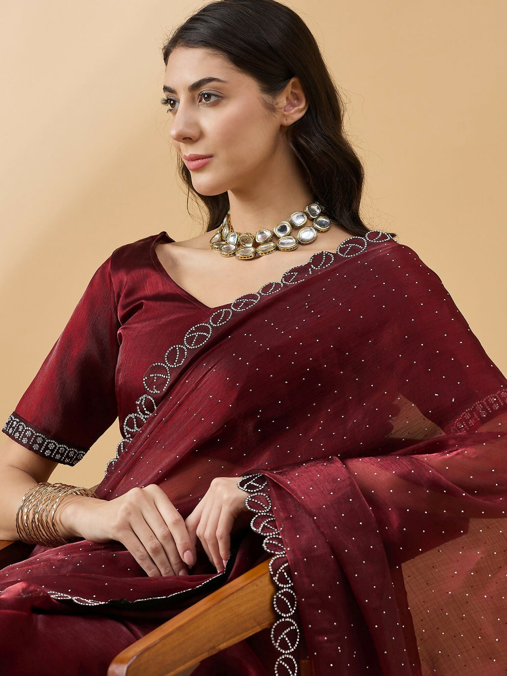 Brown Organza Swaroski Diamond Work Saree with Unstitched Blouse - Radha | Grocsy