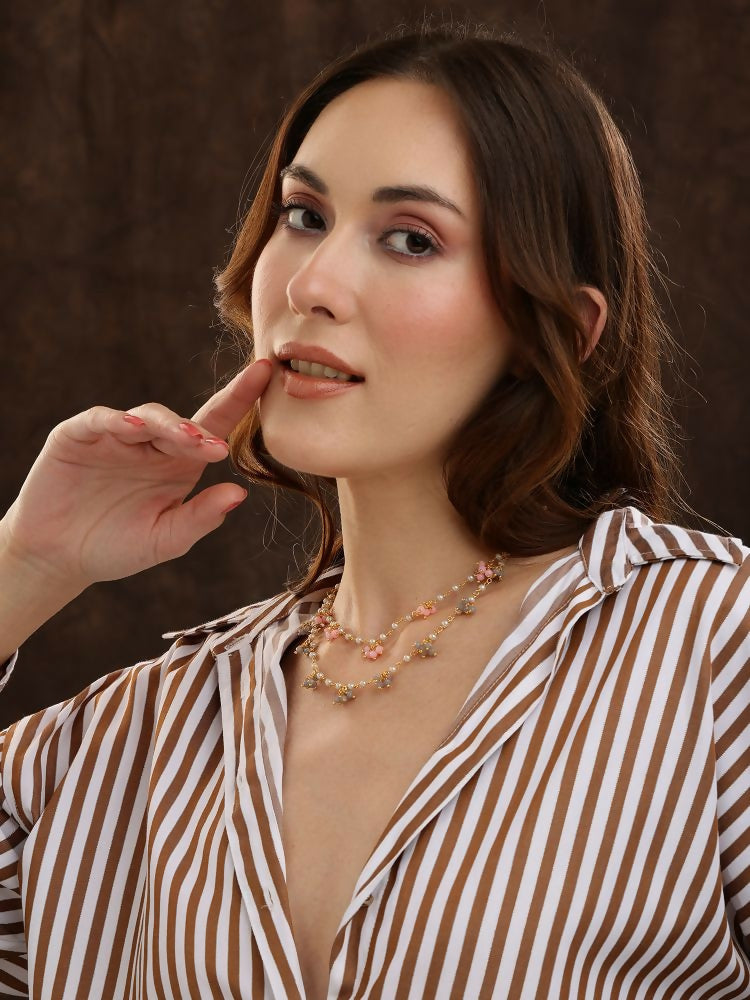 Beaded Pearl Necklace with Grey and Pink Colourful Motifs - Ruby Raang | Grocsy