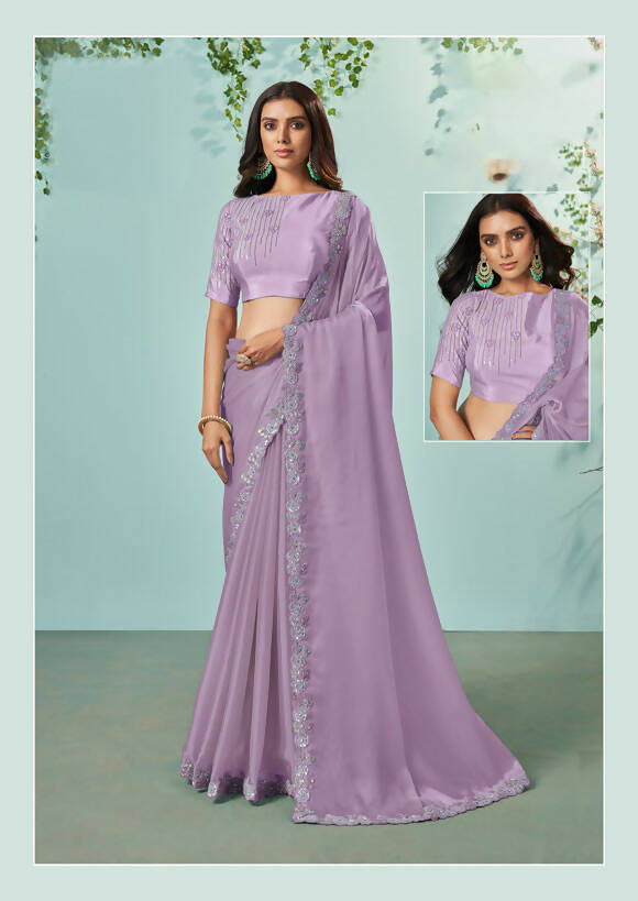 Purple Organza Silk Crepe Solid Saree With Unstitched Blouse Piece - Norita Ikshita | Grocsy