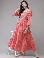 Yufta Coral Pink Embellished Embroidered Ethnic Dress | Grocsy