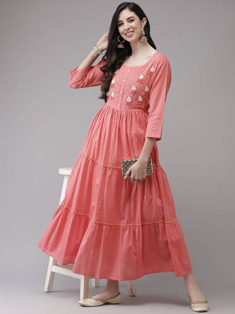 Yufta Coral Pink Embellished Embroidered Ethnic Dress | Grocsy