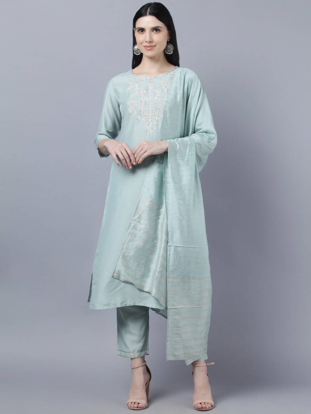 Myshka Women Grey Yoke Design Gotta Patti Kurta with Trousers Dupatta Set | Grocsy