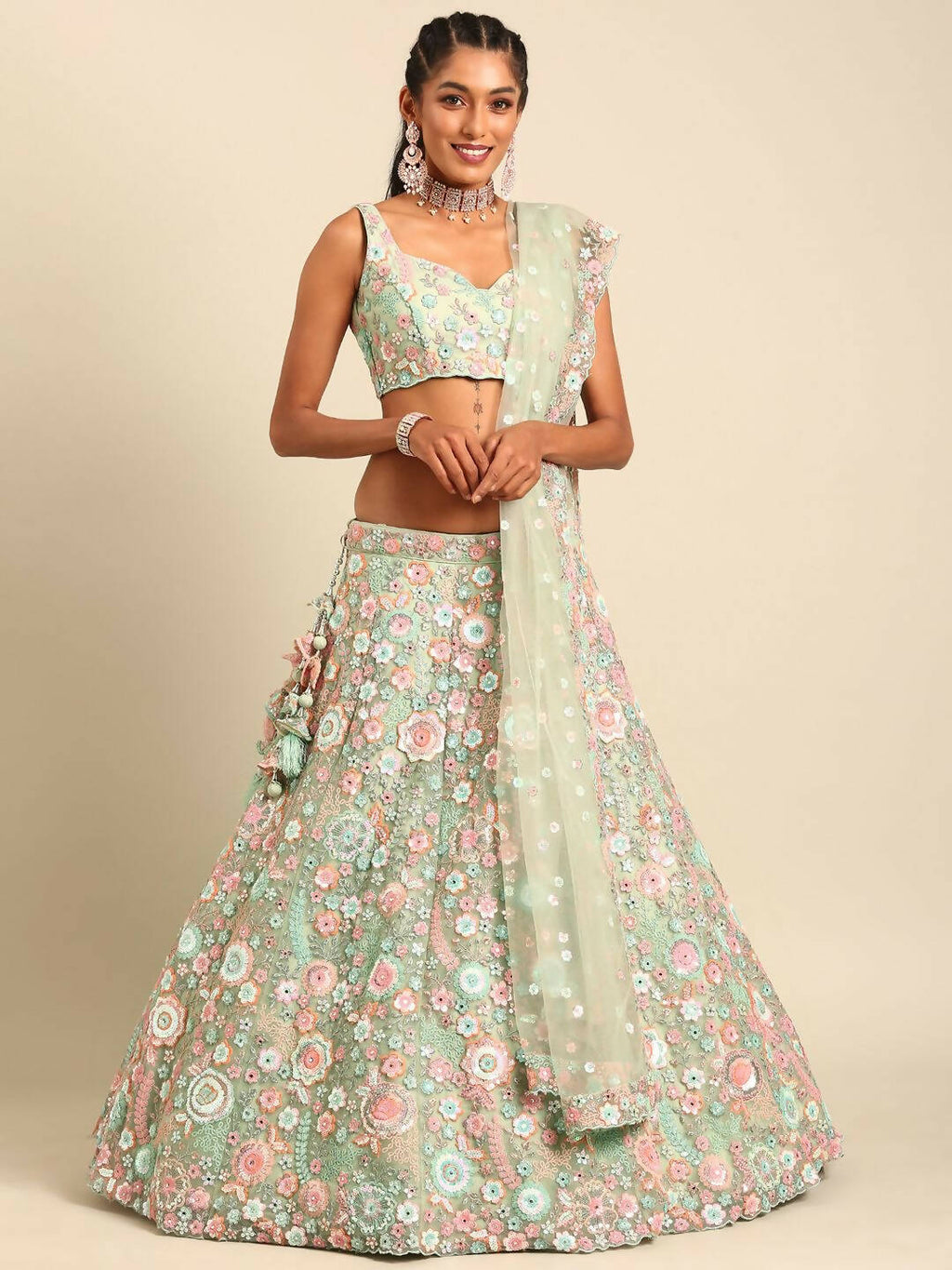 House of Panchhi Lime Green Net Sequins, Mirror and thread embroidery Lehenga choli & Dupatta | Grocsy