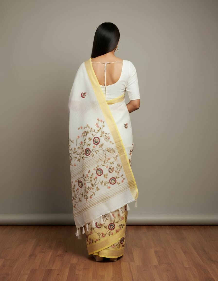 Morchari White Mal Chanderi With All Over Kantha Hand Work Saree | Grocsy