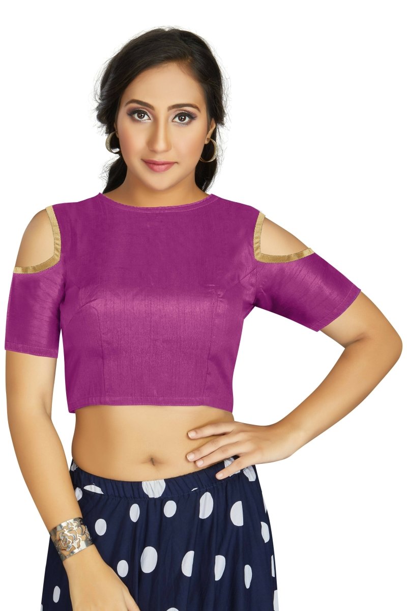Aastha Fashion Women's Purple Art Silk Cold Shoulder Sleeve Readymade Blouse | Grocsy