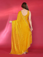 PR Fashion Yellow Jimmy Choo Fabric Palin With Work Lace Saree | Grocsy