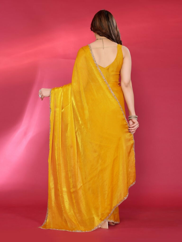 PR Fashion Yellow Jimmy Choo Fabric Palin With Work Lace Saree | Grocsy