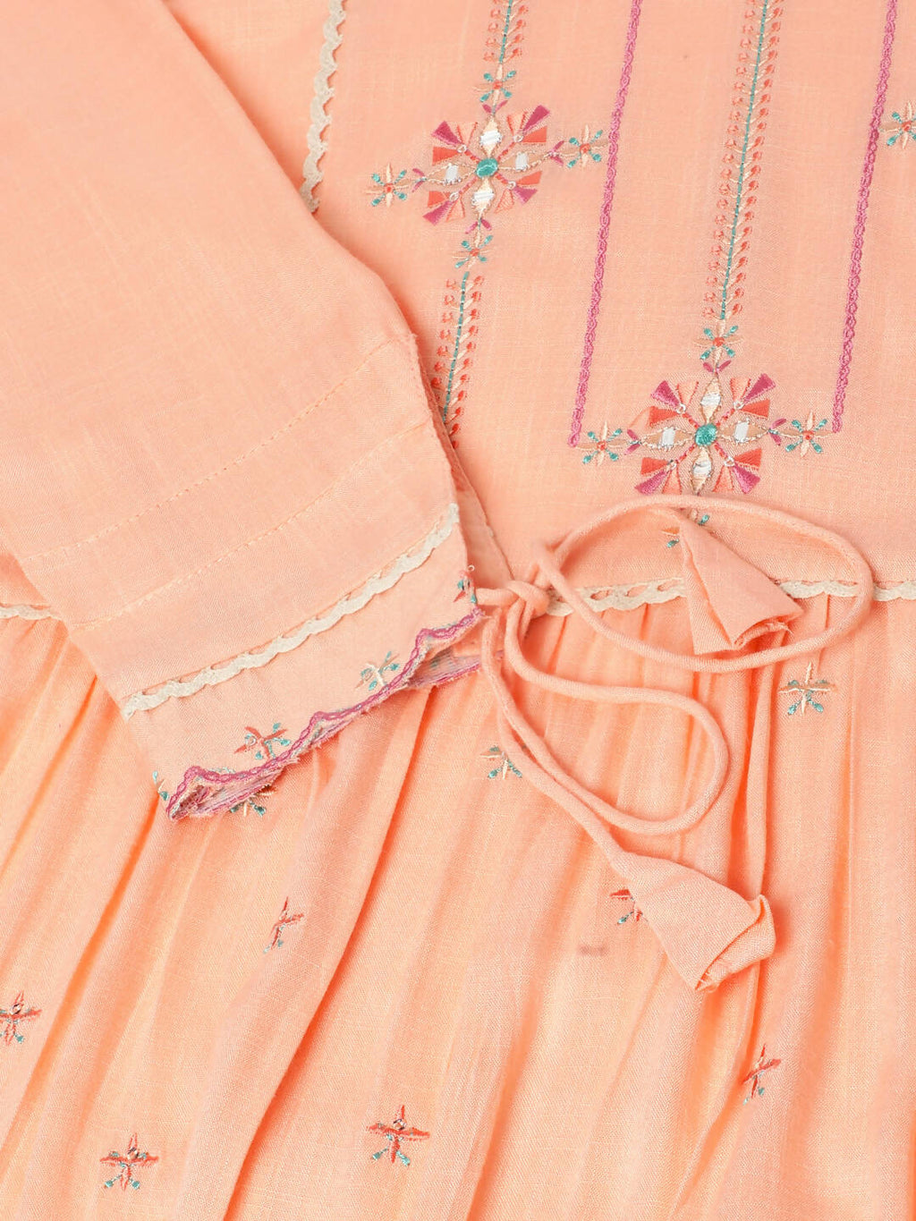 Peach Poly Cotton Yoke Embroidered A-line Top - Tarini | Grocsy