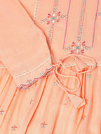Peach Poly Cotton Yoke Embroidered A-line Top - Tarini | Grocsy