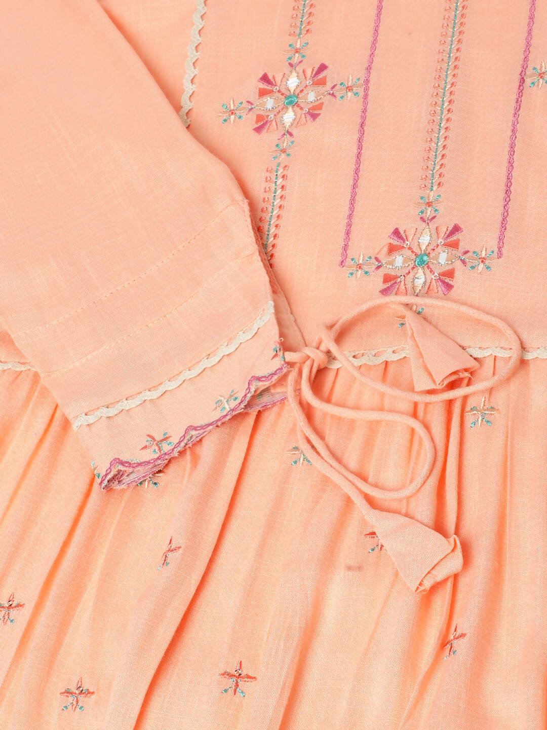 Peach Poly Cotton Yoke Embroidered A-line Top - Tarini | Grocsy