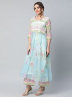 Ahalyaa Women Sea Green Organza Romantic Florals Kurta Palazzo Set | Grocsy