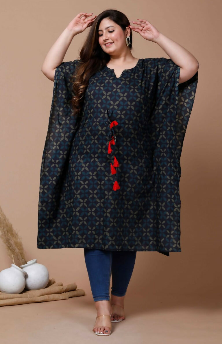 Miravan Women's Plus Size Navy Blue Printed Flared Sleeves Kaftan | Grocsy
