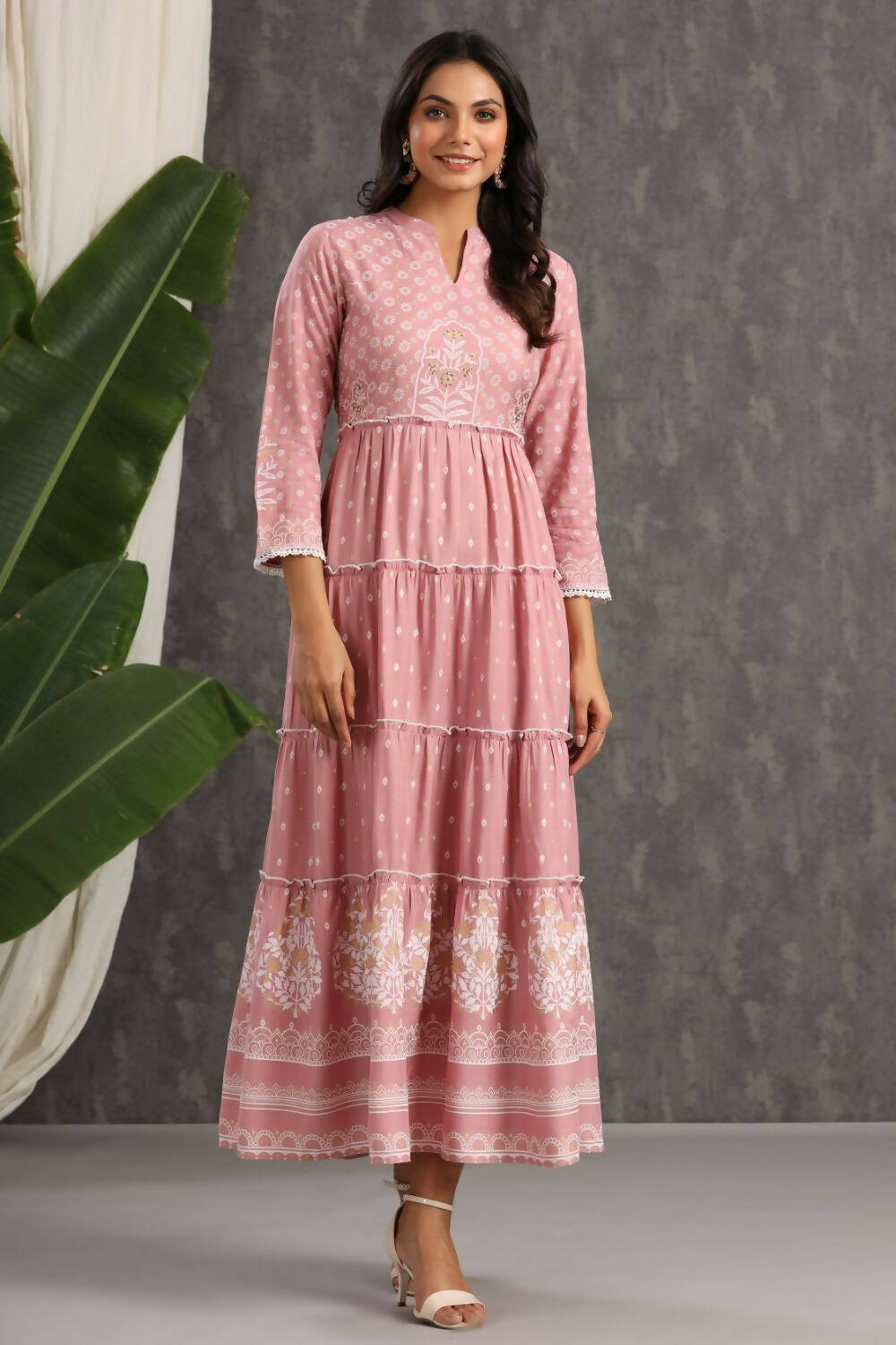 Juniper Womens Onion Pink Rayon Foil Printed Tiered Dress | Grocsy