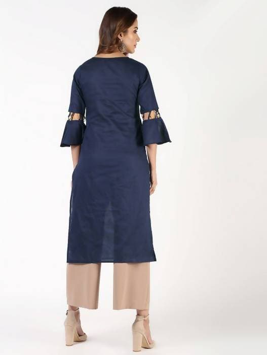 Aniyah Cotton Criss Cross Bell Sleeves Navy Blue Straight Kurta (AN-145K) | Grocsy