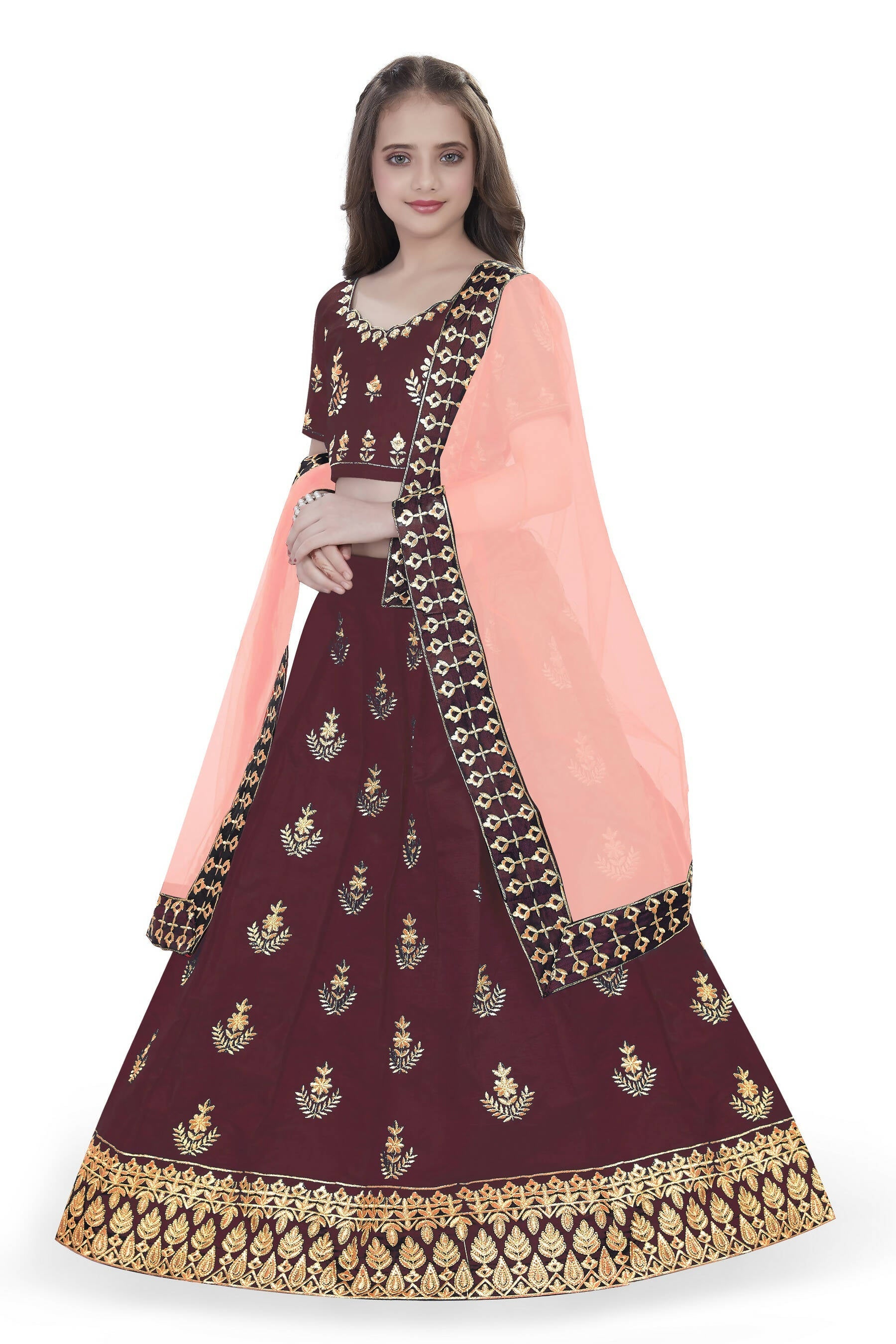 Dwiden Maroon Kamal Tafetta Sattin Semi-Stitched Girl's Lehenga Choli | Grocsy