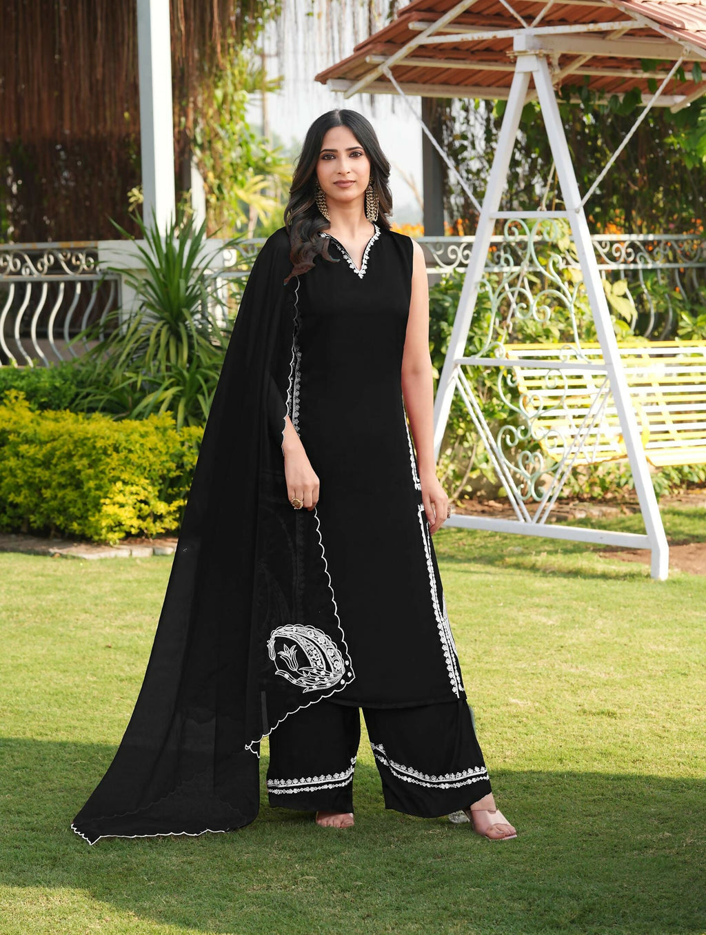Nikhaar Black Embroidered Modal Silk Stitched Straight Cut Kurta Culottes Dupatta Readymade Suit | Grocsy