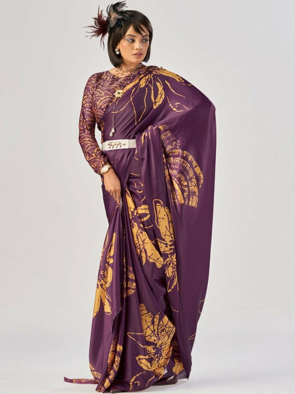Vastranavya Wine Satin Silk Elegant Printed Saree with Unstitched Blouse | Grocsy