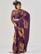 Vastranavya Wine Satin Silk Elegant Printed Saree with Unstitched Blouse | Grocsy