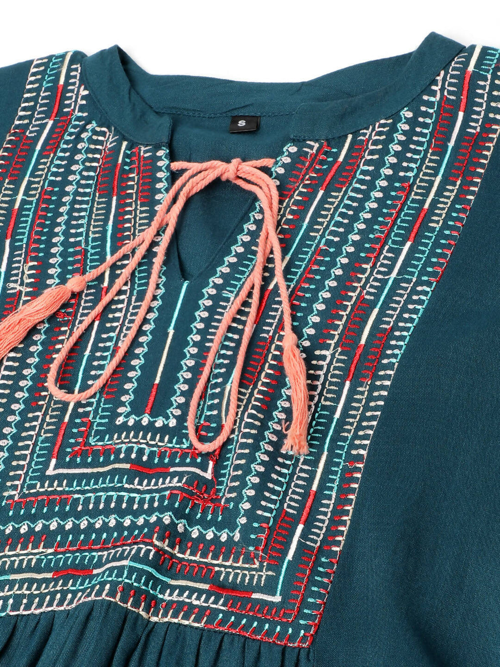 Teal Rayon Yoke Embroidered A-line Top - Tarini | Grocsy