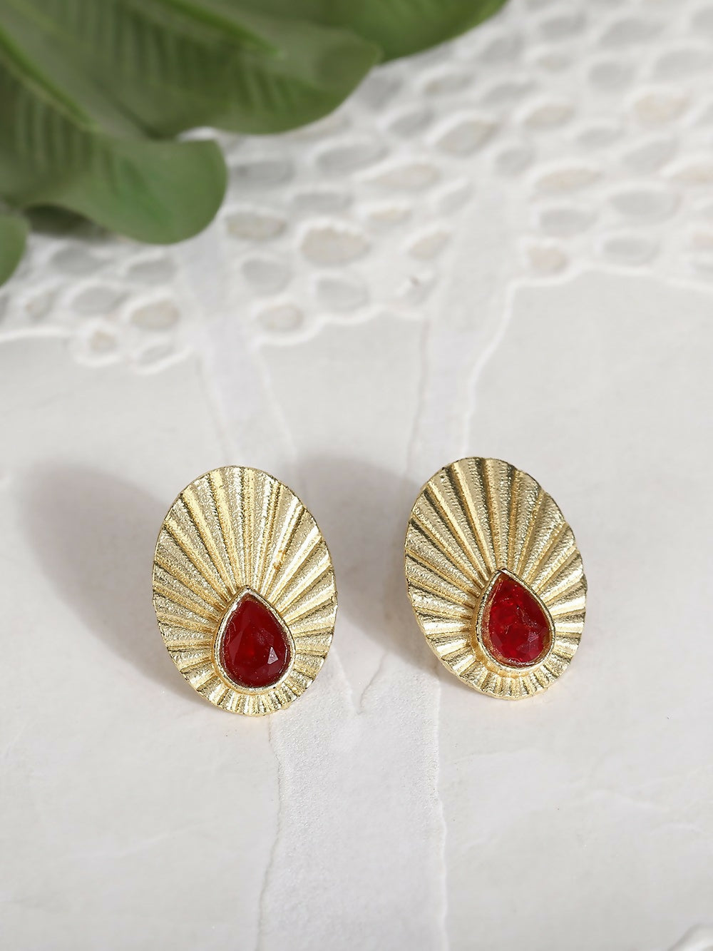 Joban Fashion Women Miny Size Red Stone Matte Gold Earrings | Grocsy