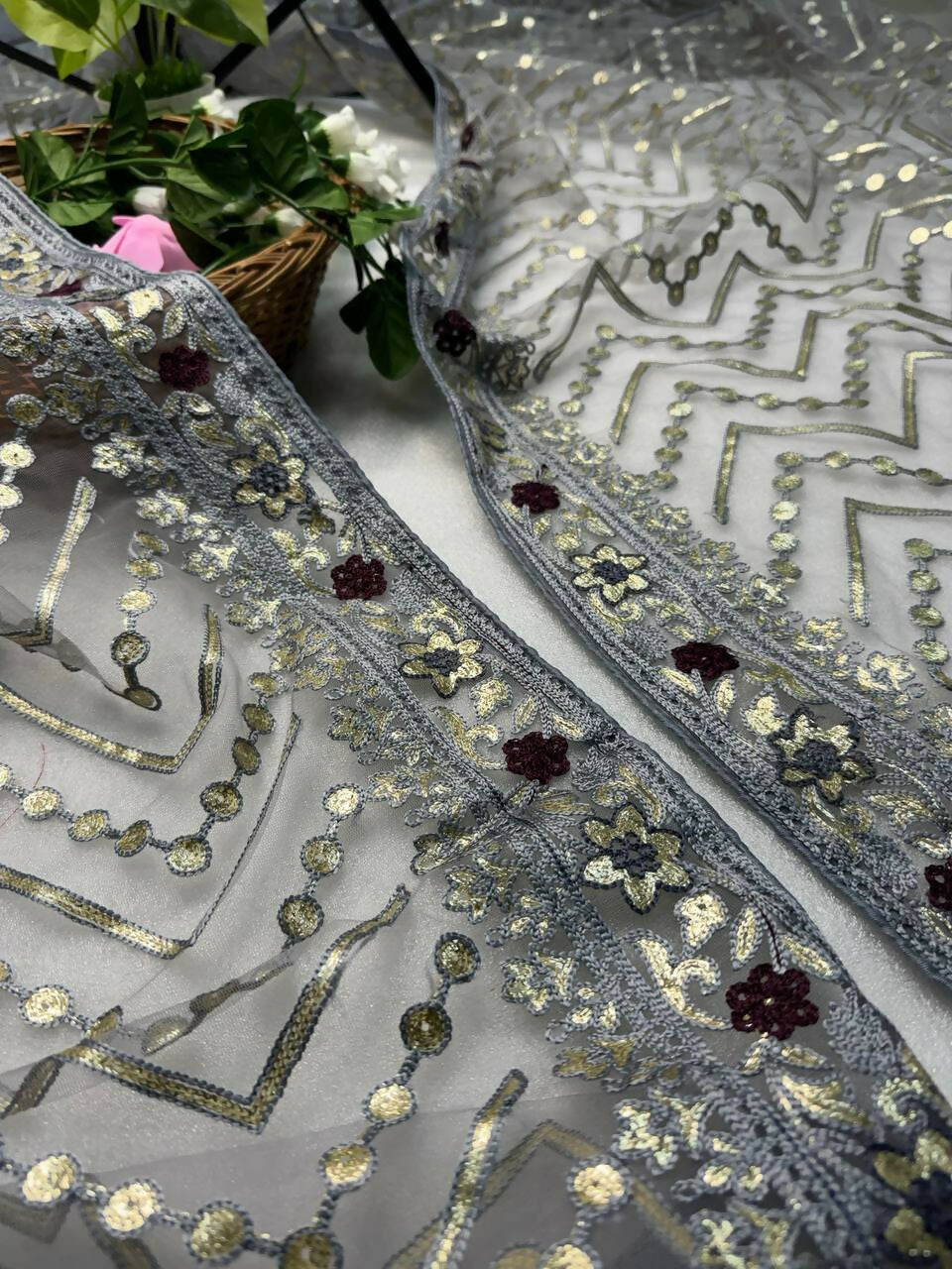 Vastranavya Butterfly Net Designer Chain Stitch Embroidery Work with Foil Thread & Stone Work Saree with Blouse Material - Grey | Grocsy
