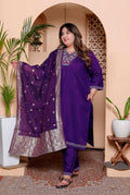 Miravan Women's Plus Size Purple Muslin Straight kurta and palazzo with dupatta Suit set | Grocsy