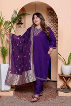Miravan Women's Plus Size Purple Muslin Straight kurta and palazzo with dupatta Suit set | Grocsy