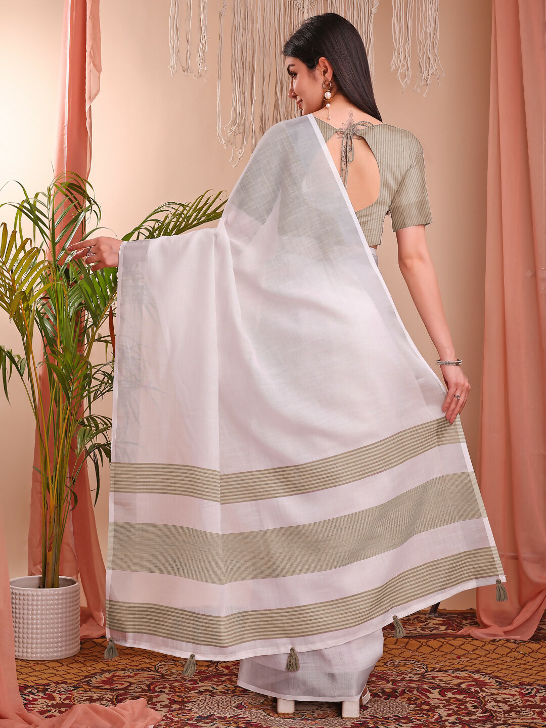 Shree Shyam Fashion The White Loom White Linen Cotton Saree | Grocsy