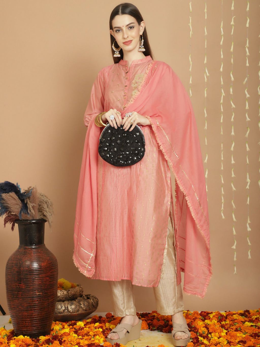 Jyoti Fashion Women's Peach Chanderi Silk Elegant Jardoshi Semi Kurta with Trouser & Dupatta | Grocsy