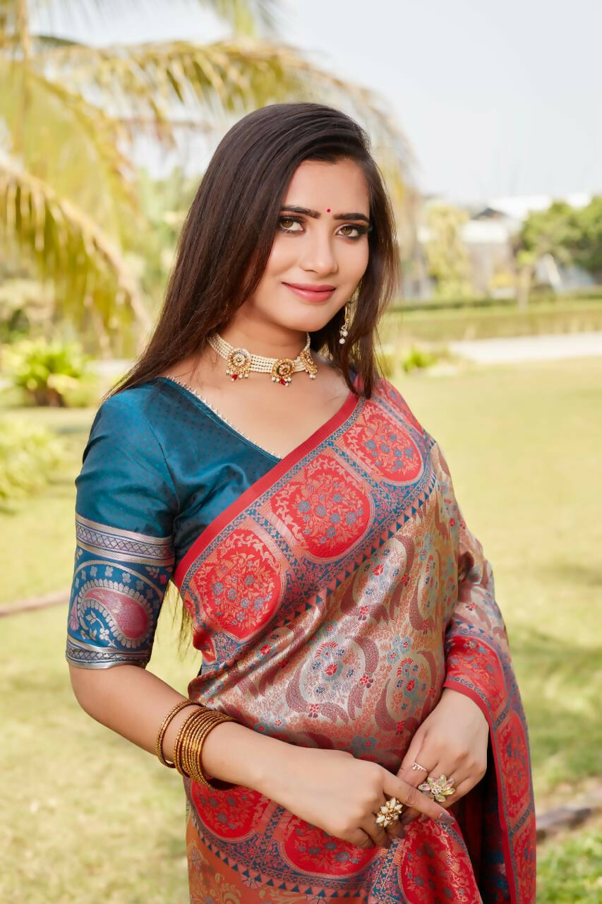 Vastranavya Boutique Collection Kanjivaram Soft Silk Saree With Unstitched Blouse - Light Orange | Grocsy