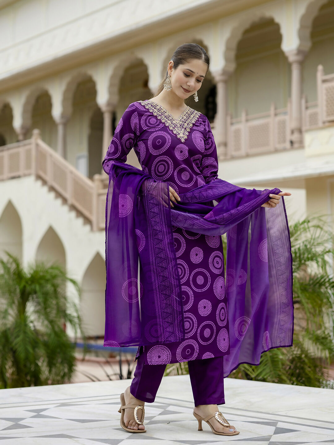 The52 Purple Women's Gorgeous Rayon Embroidered Straight Kurta with Pant And Dupatta Set | Grocsy