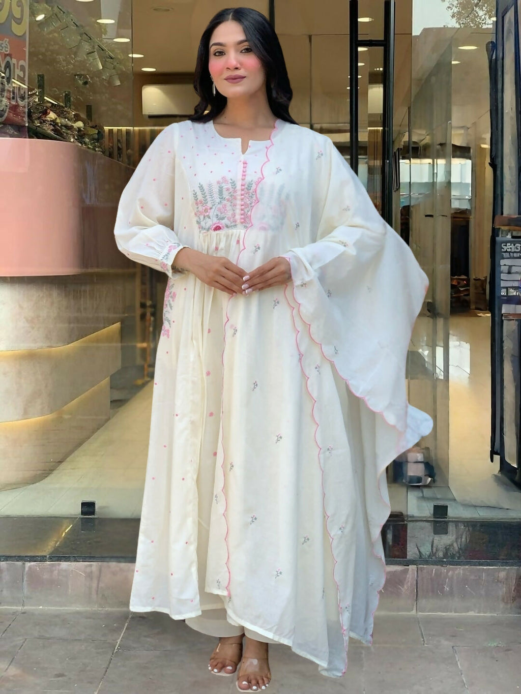 The52 White Women's Beautiful Cotton Fabric Thread Work Straight Kurta Pant and Dupatta Set | Grocsy