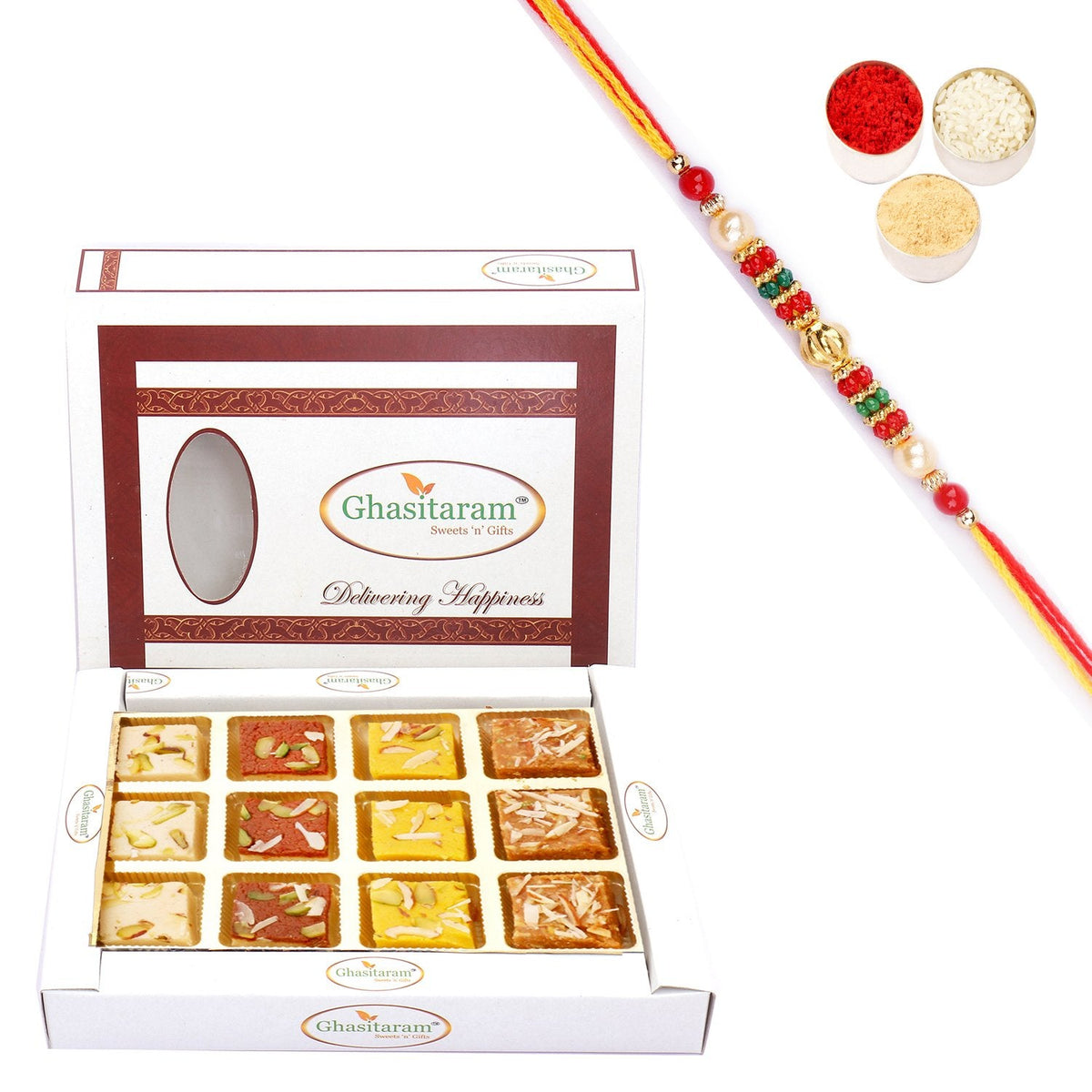 Ghasitaram Assorted Barfis White Box With Pearl Beads Rakhi | Grocsy