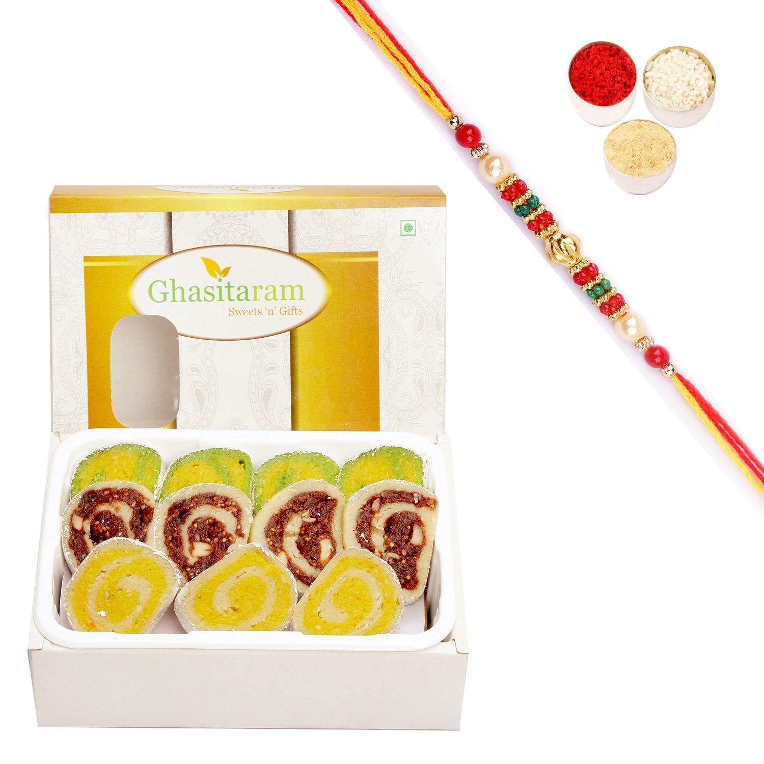 Ghasitaram Assorted Moons Box With Pearl Beads Rakhi | Grocsy