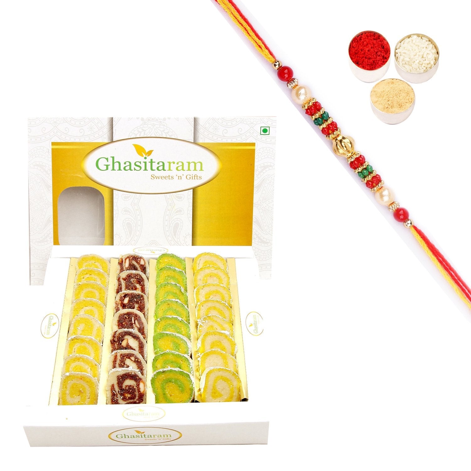 Ghasitaram Assorted Moons Box With Pearl Beads Rakhi | Grocsy