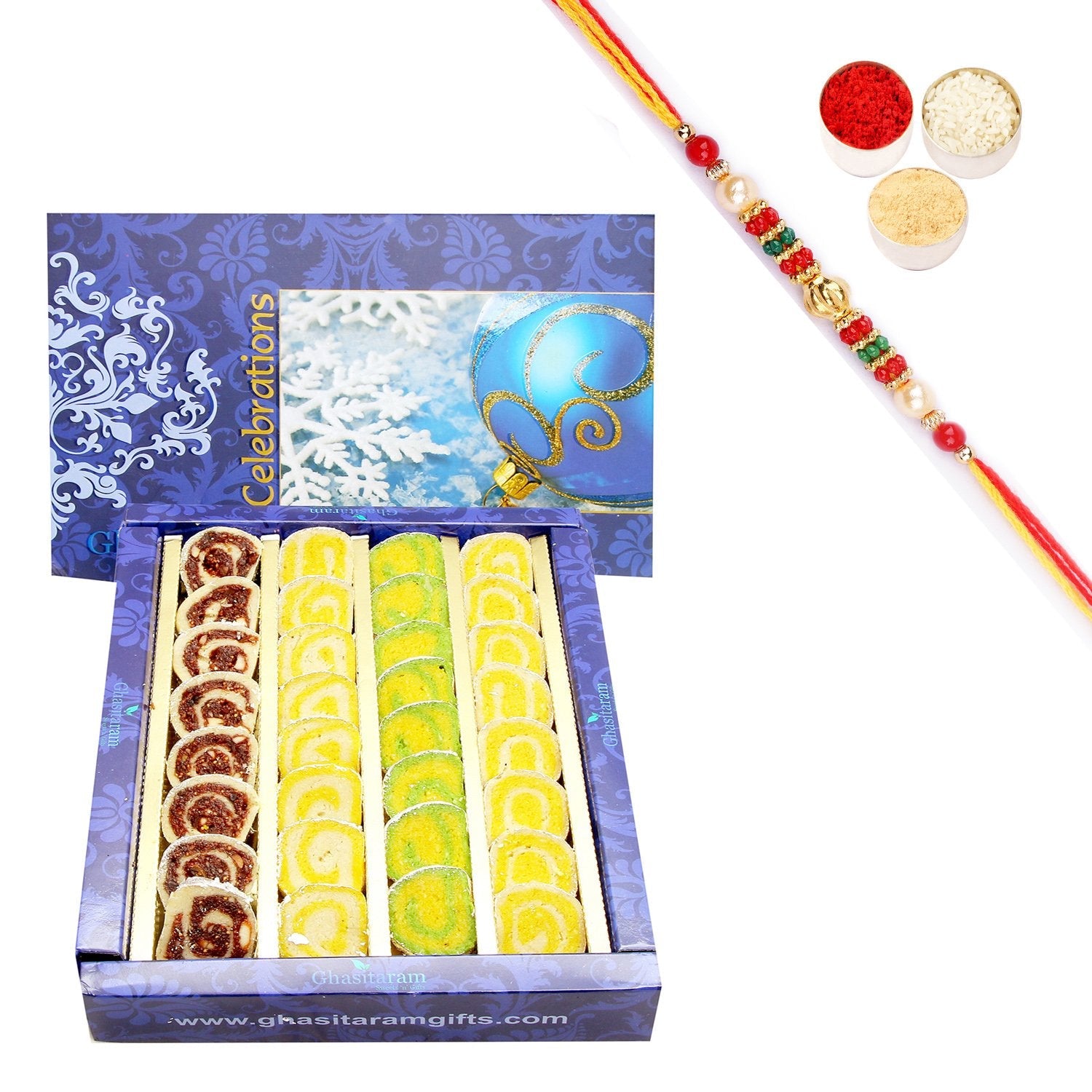 Ghasitaram Assorted Moons Box With Pearl Beads Rakhi | Grocsy