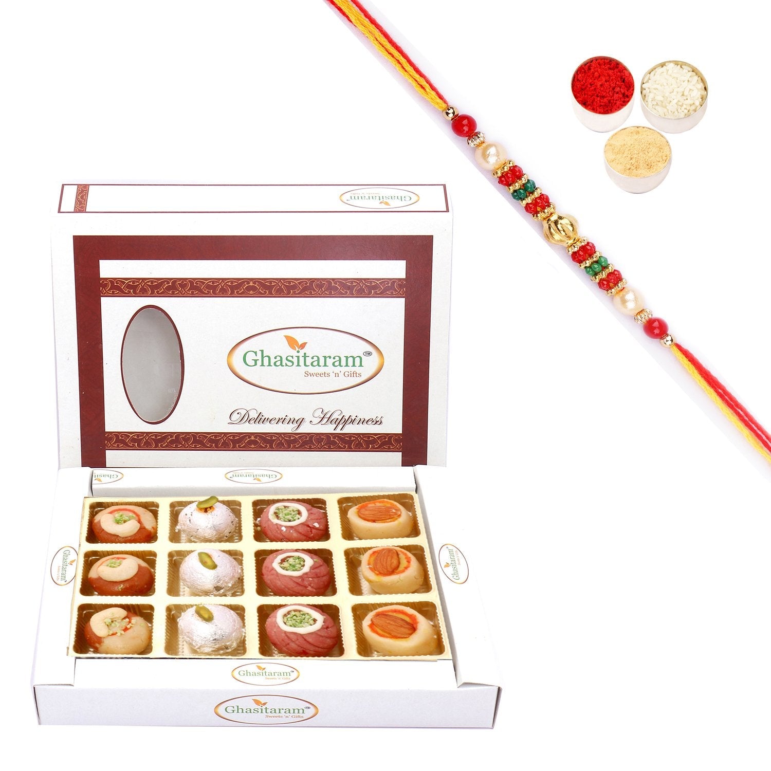 Ghasitaram Assorted Sweets in White Box With Pearl Beads Rakhi | Grocsy