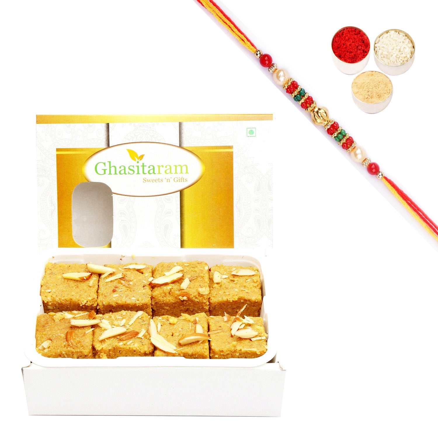 Ghasitaram Nani's Special Besan Barfi With Pearl Beads Rakhi | Grocsy