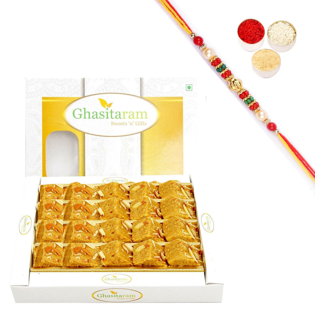 Ghasitaram Nani's Special Besan Barfi With Pearl Beads Rakhi | Grocsy