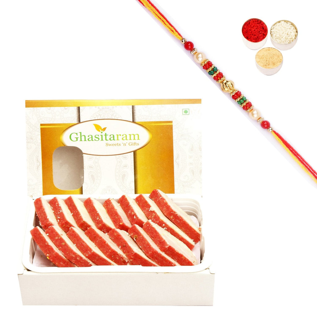 Ghasitaram Irish kaju Katli With Pearl Beads Rakhi | Grocsy