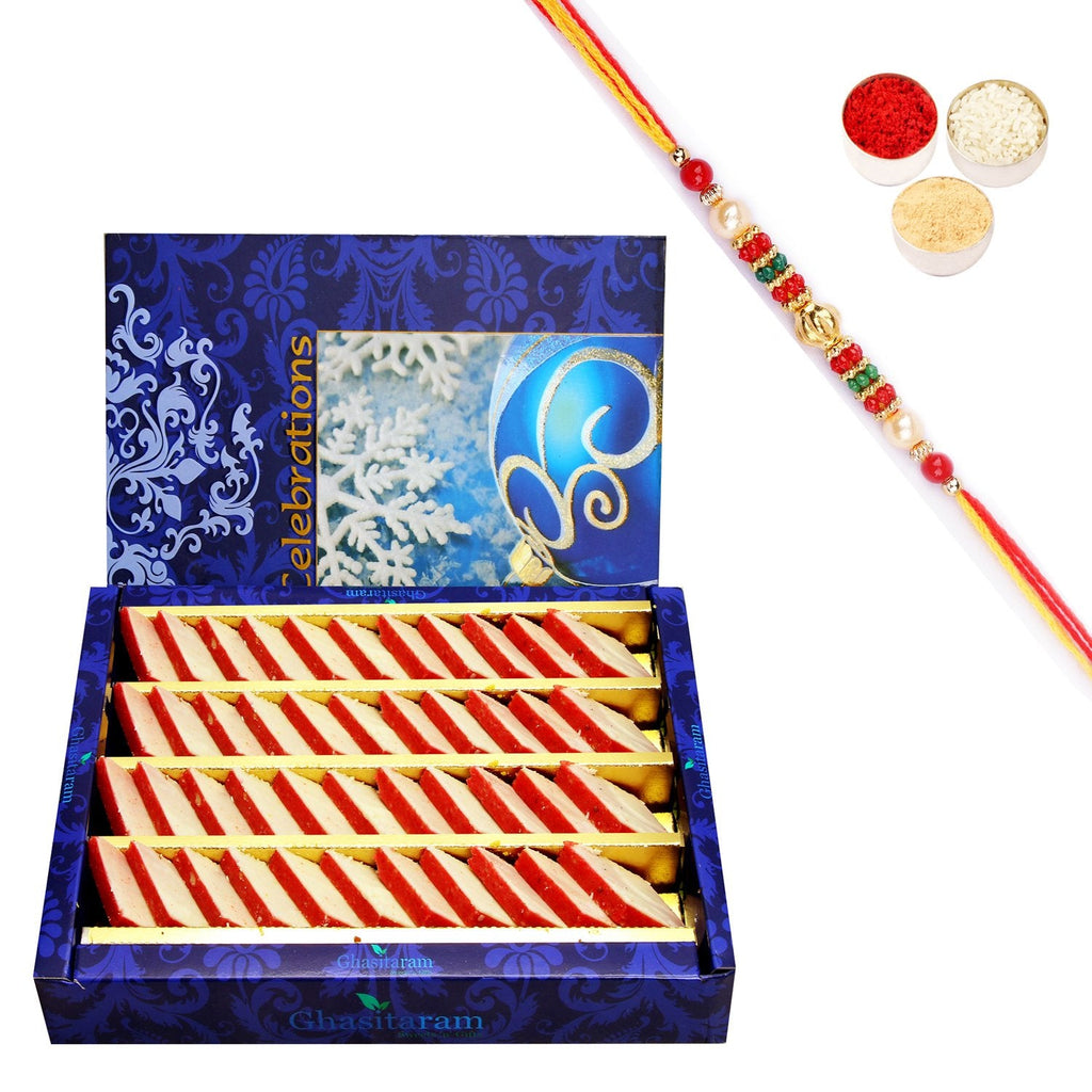 Ghasitaram Irish kaju Katli With Pearl Beads Rakhi | Grocsy
