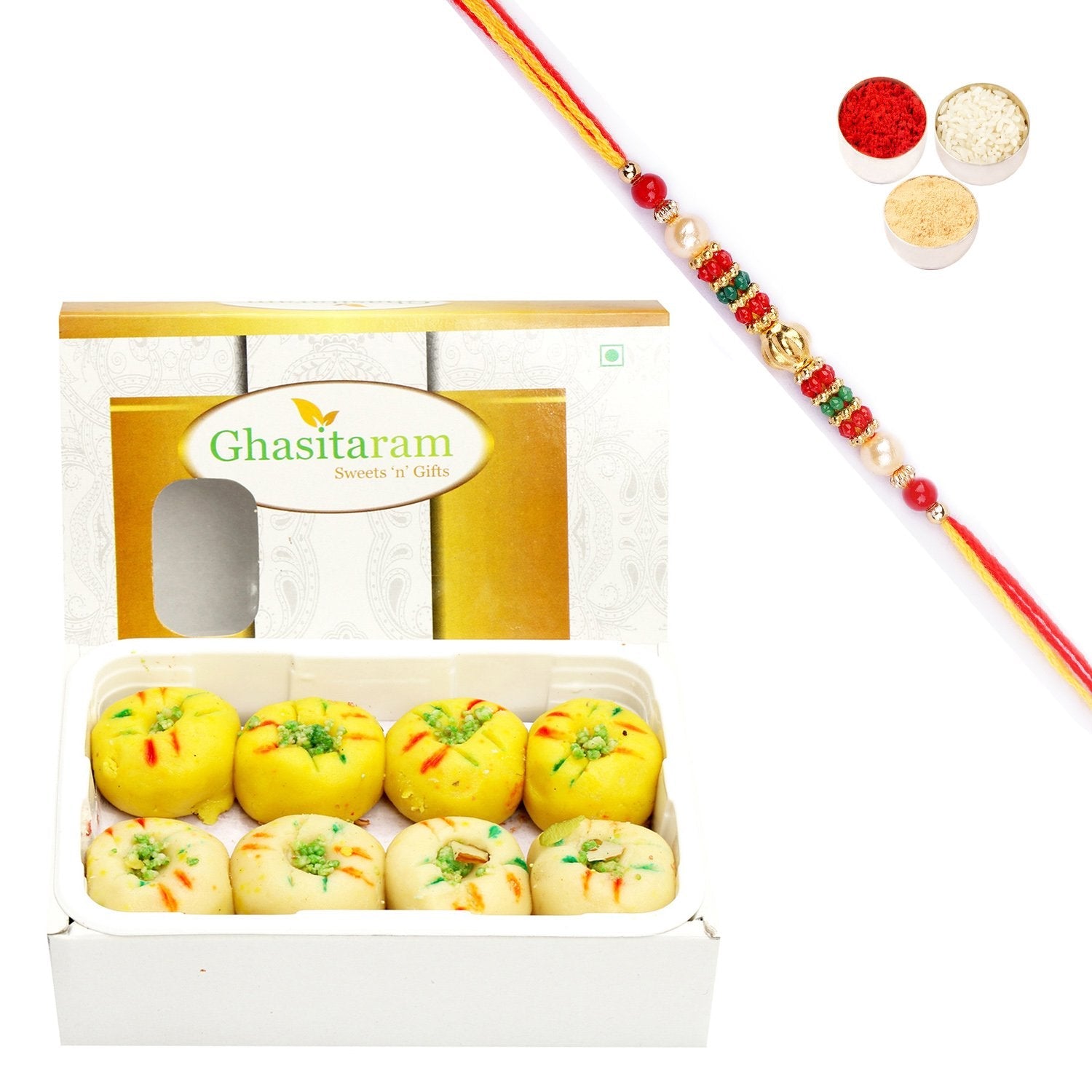 Ghasitaram Mawa Peda Box With Pearl Beads Rakhi | Grocsy
