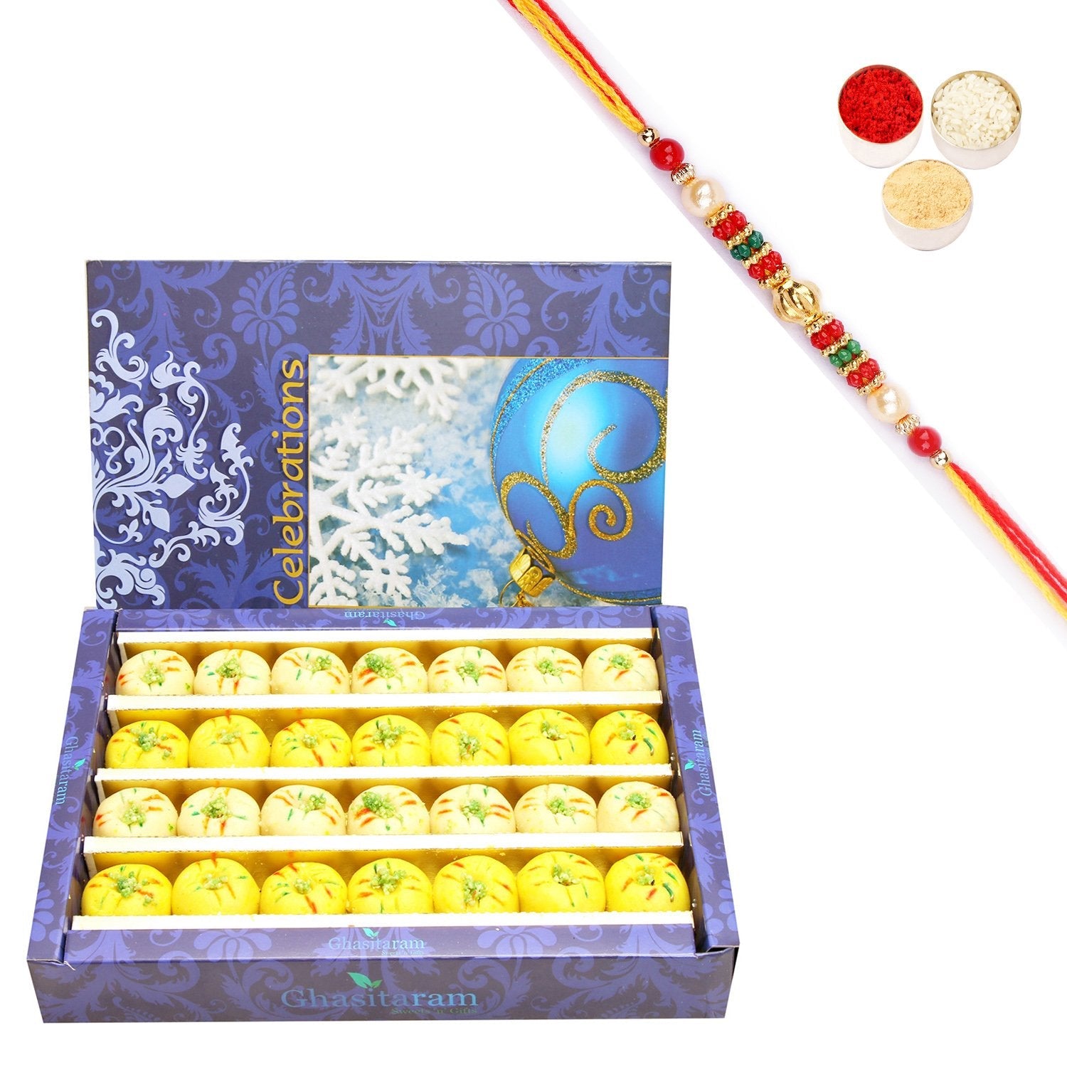 Ghasitaram Mawa Peda Box With Pearl Beads Rakhi | Grocsy