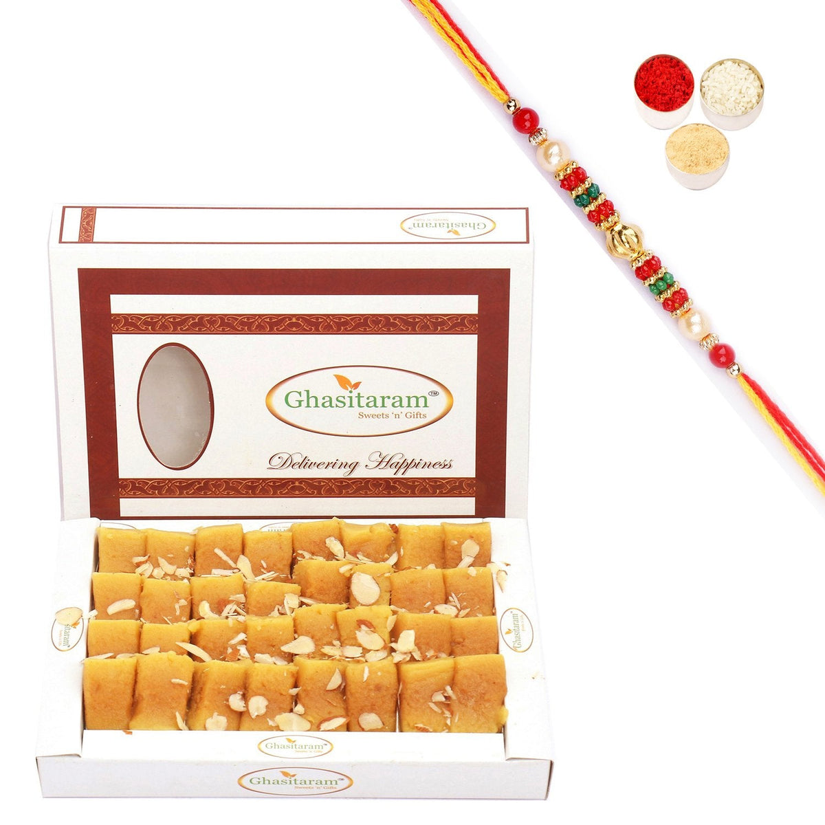 Ghasitaram Soft Mysore pak With Pearl Beads Rakhi | Grocsy