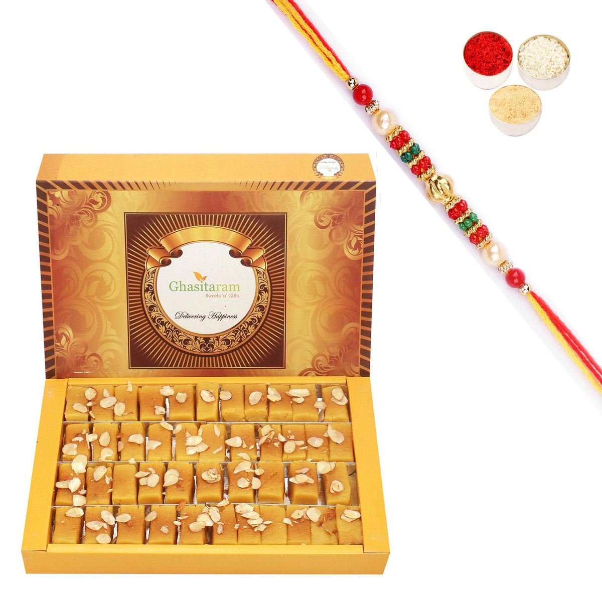 Ghasitaram Soft Mysore pak With Pearl Beads Rakhi | Grocsy