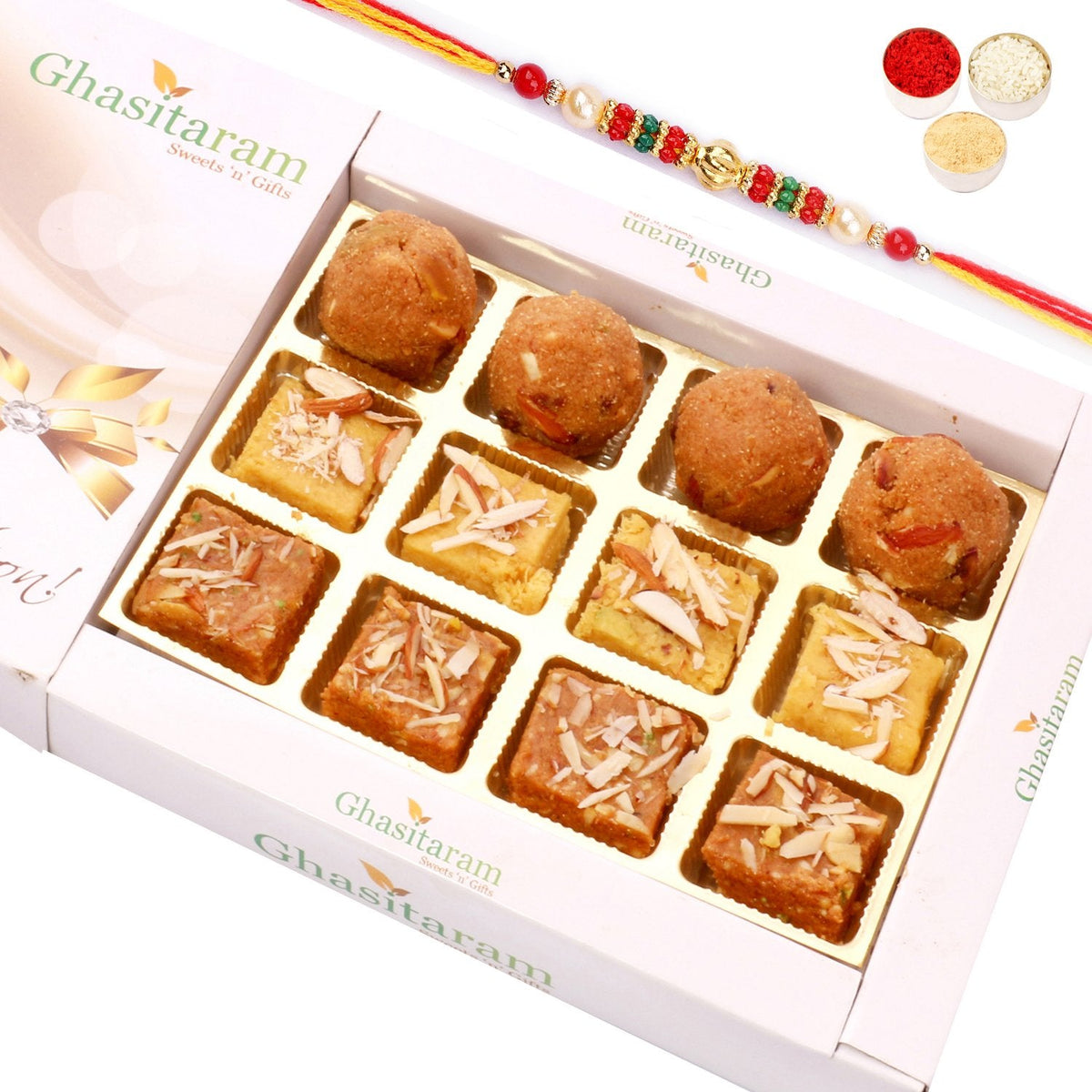 Ghasitaram North Indian Mix in White Box With Pearl Beads Rakhi | Grocsy