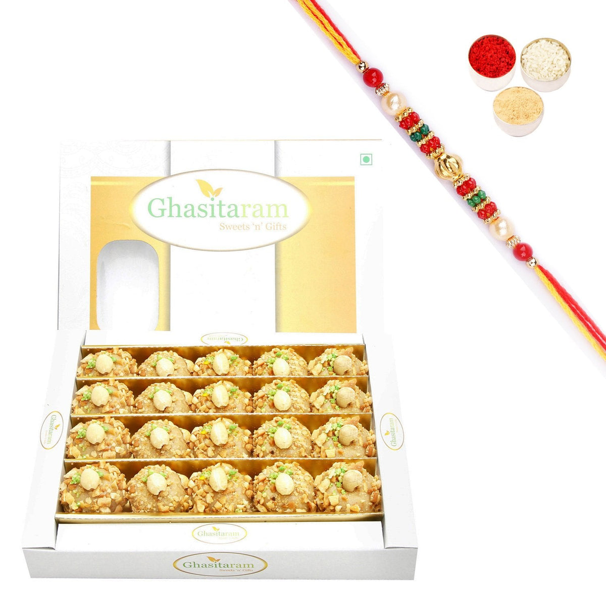 Ghasitaram Roasted Kaju Laddoo With Pearl Beads Rakhi | Grocsy