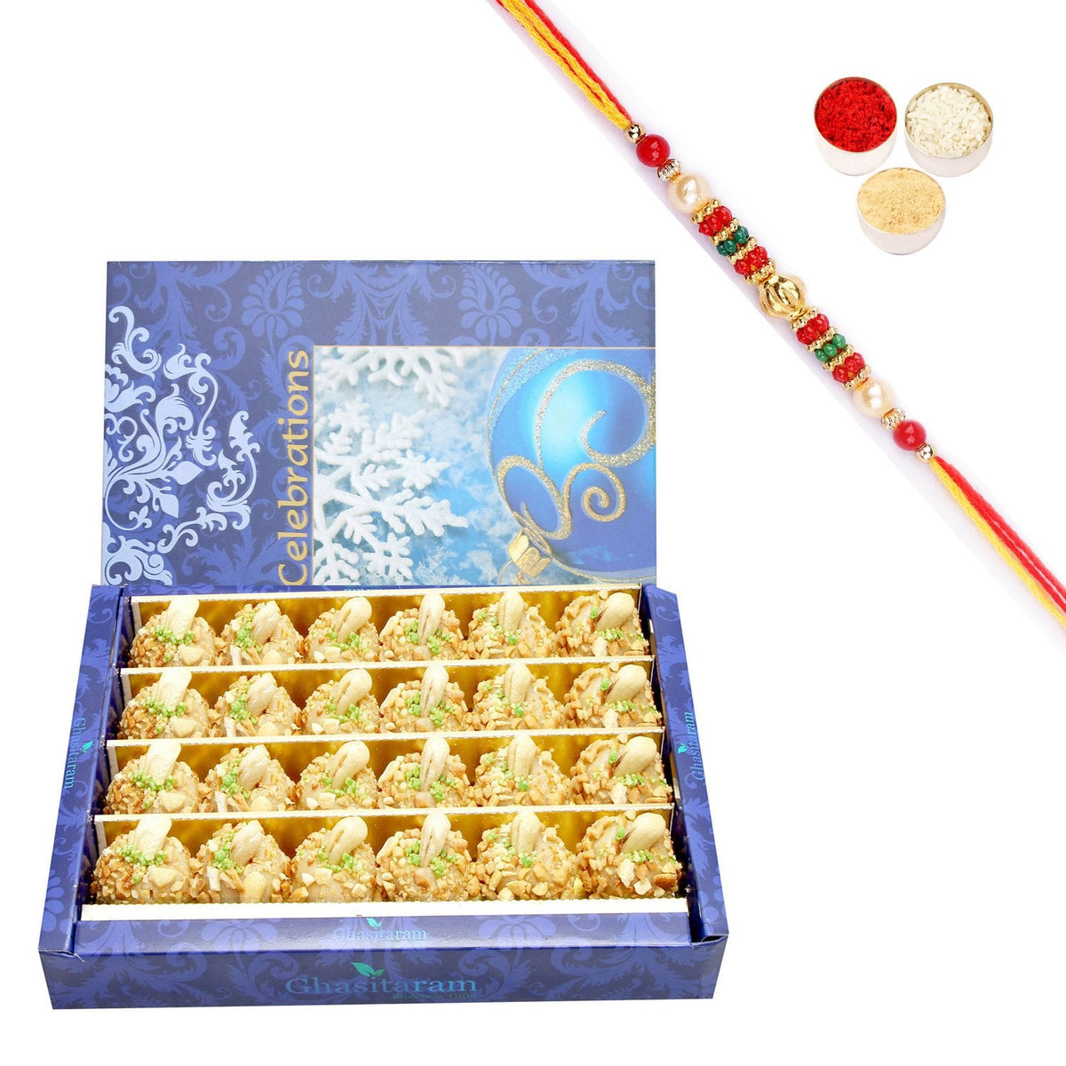 Ghasitaram Roasted Kaju Laddoo With Pearl Beads Rakhi | Grocsy